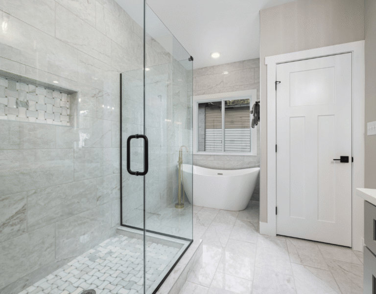 Traditional Tile Shower and floors with glass doors